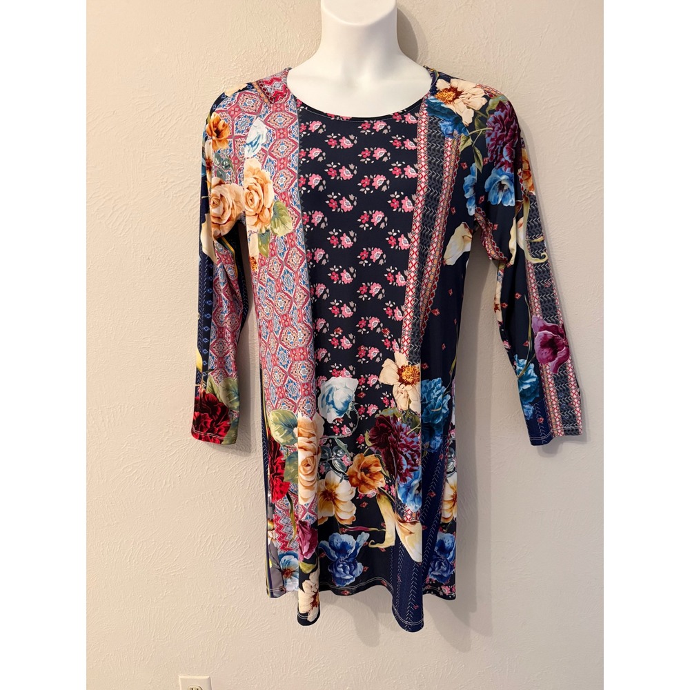 Johnny Was Mixed Floral Patchwork Dress Navy Blue Boho long Sleeve Small